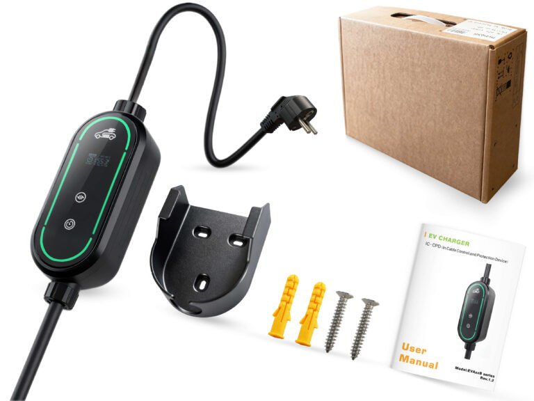 Tragbares Elektroauto-Ladegerät EVA mit Box und Wandhalterung