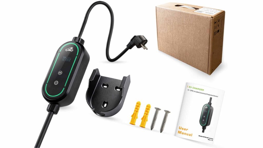 portable ev charger eva with box and wall holder scaled
